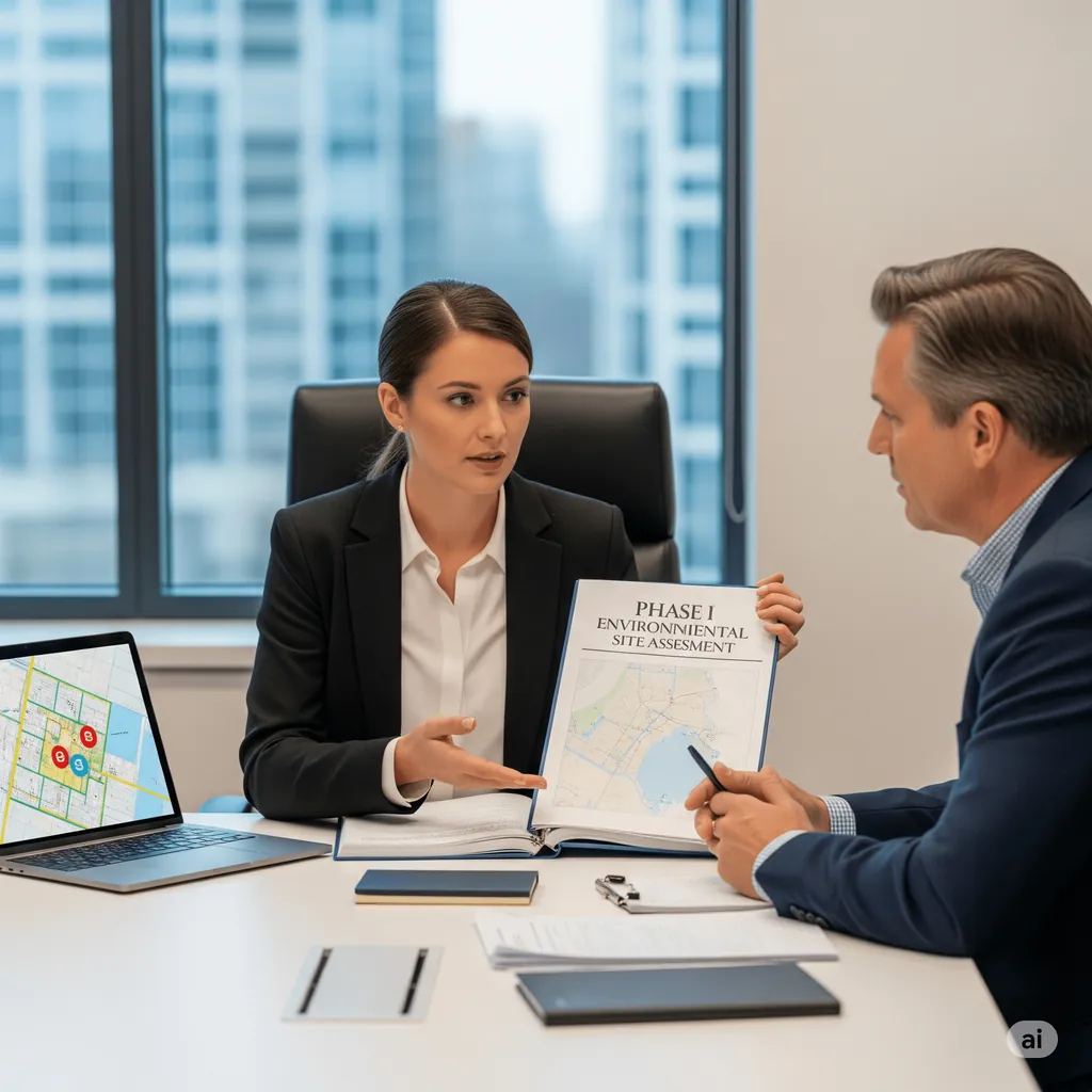 A picture of a female office professional showing a male office professional a Phase I Environmental Site Assessment (ESA). They are seated in a boardroom and they are wearing professional attire. There is a map of the subject property displayed on a laptop computer screen placed on the conference table.